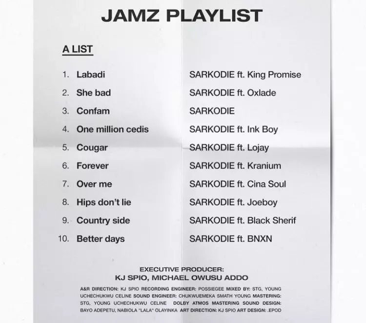 ChartsAfrica📊 on Twitter: ".@sarkodie “Jamz” album 💿 Track list and Features out… -@oxladeofficial -@blacksherif_ -@BNXN -@Lojaymusic -@Joeboy -@Cina_Soul -@therealkranium -@IamKingPromise -#InkBoy #Jamzalbum https://t.co/ARQGwMDd1w" / Twitter